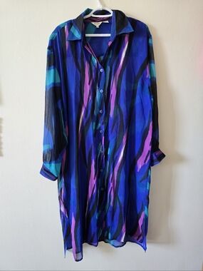 Dorman XL Blue & Purple 100% Silk Vintage Abstract Button-Up Tunic Dress